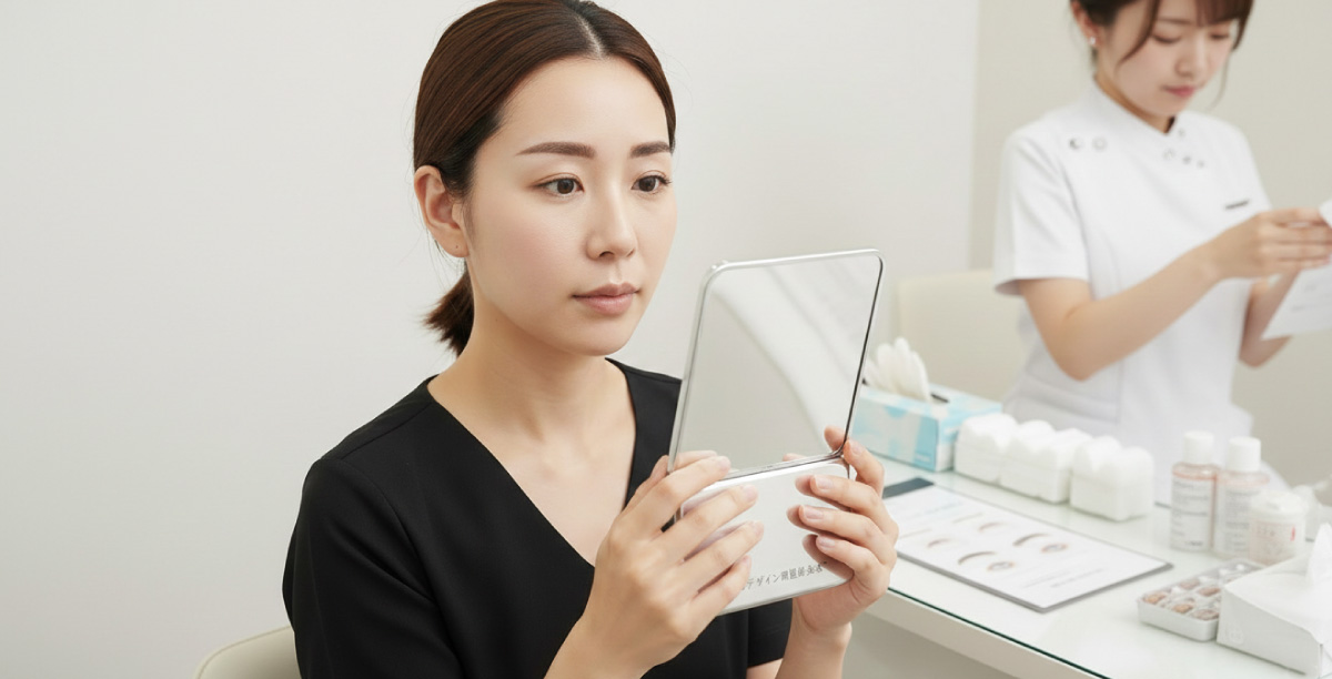 白を基調とした明るいクリニックの一室で、看護師に眉の医療アートメイクの施術を行ってもらった後の様子。施術を受けた女性は手鏡で眉の仕上がりを確認しており、奥では看護師がカルテの記入を行っている。二人の間のテーブルにはカウンセリングシートや手袋などが置かれている。