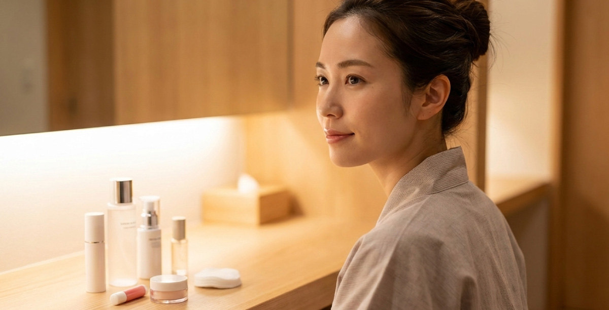 ウッド調の室内で浴衣を着て微笑んでいる女性。目の前の棚には、化粧水やクリームなどの基礎化粧品やリップクリームが置かれている。