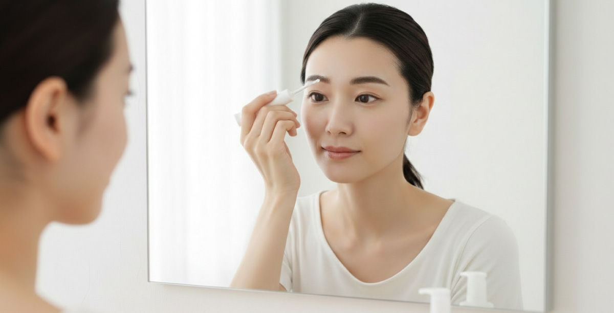 白を基調とした明るい室内で鏡を見ながら眉に育毛剤を塗布している女性。明るい表情。