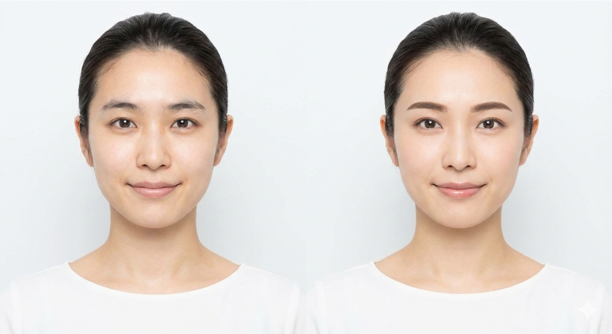 同一人物の写真が並んでおり、左は整っていない眉で垢ぬけない感じのする状態、右は眉をしっかり整え、垢ぬけた状態を表現している。
