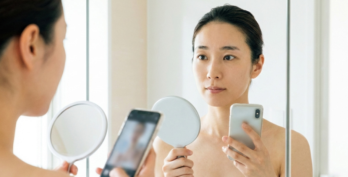 鏡の前に立ち、手鏡とスマートフォンのカメラ機能を使って、眉の確認をしているすっぴんの女性。