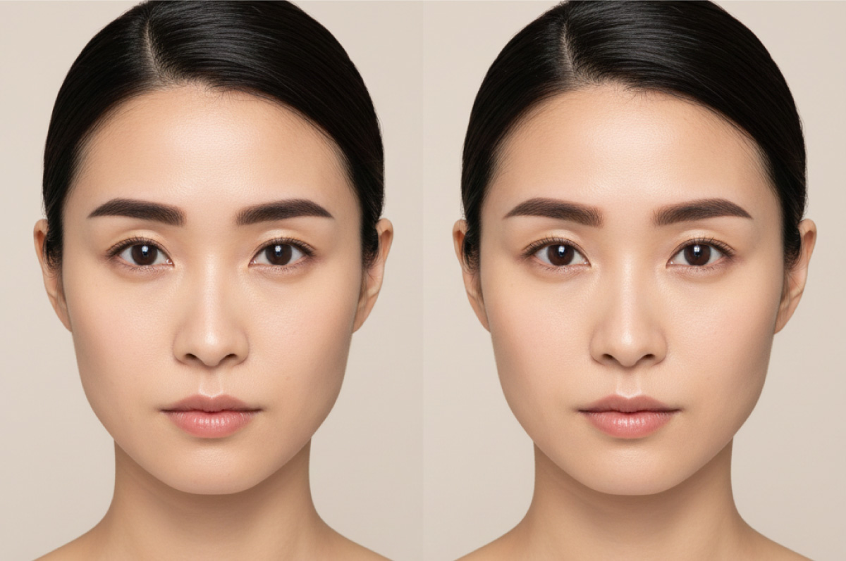 同一人物の写真が並んだ構図で、左は濃すぎる眉、右はきりっとしているが濃すぎていない眉。眉が変わるだけで顔の印象も変わることを示している。