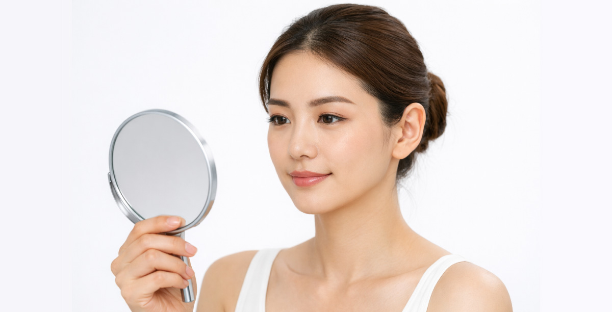 整った眉をして髪をまとめた女性が、白い背景の中で手鏡で自分の顔を確認している。