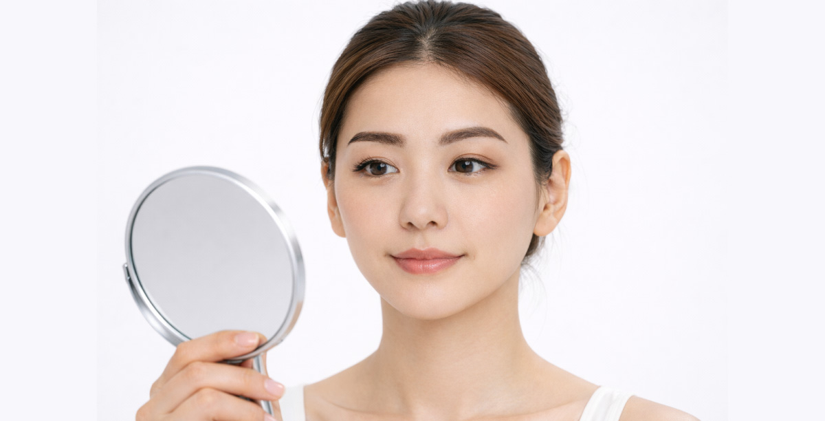 白い背景で、髪をまとめた左右差のある眉の女性が手鏡で自分の顔を確認している。