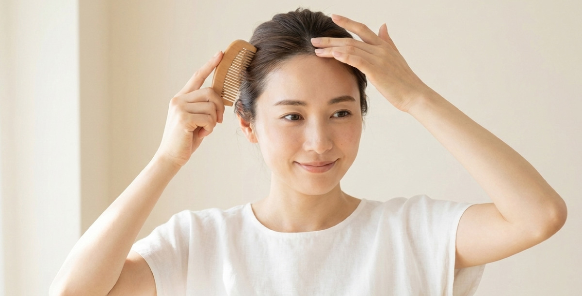 整った眉で、髪の毛を綺麗にくしでといている女性。明るい自室の窓際で髪の毛を整えている。