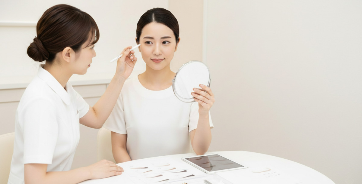 眉サロンでカウンセラーに眉の状態を確認してもらい、ペンシルで整えてもらっている女性の様子。女性は手鏡を持ち安心している表情。
