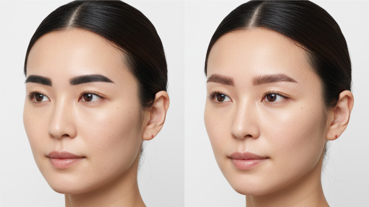 同一人物の写真が2枚並んでいる比較絵図。左は眉だけがのっぺりとした濃いものになっており不自然さを感じるが、右は顔立ちに合った眉で、自然な存在感をはなっている。