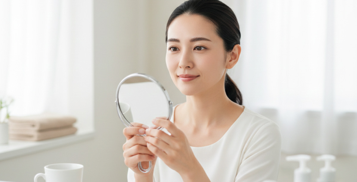 明るい自宅で手鏡を手にして自分の眉を確認している女性。ナチュラルメイクに似合う自然な眉をしており、女性は微笑んでいる。