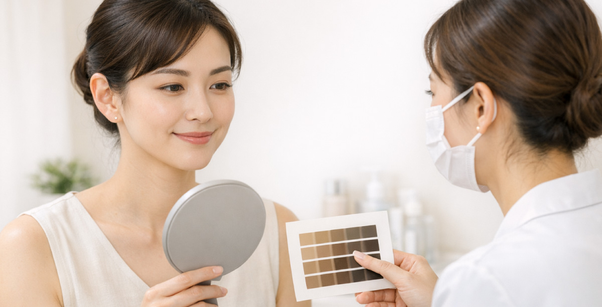 眉の色について相談している女性とカウンセラー。カウンセラーは色見本を手に、女性にどの色が合うかを見比べている。女性は手鏡を持ち、顔を確認している様子。