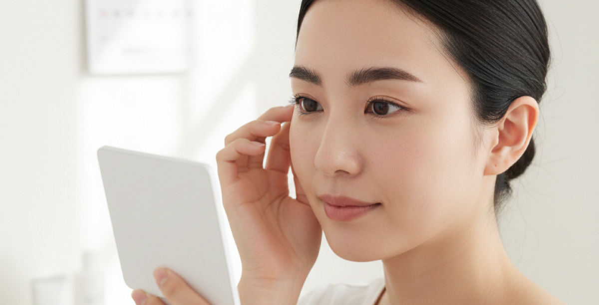 手鏡で顔を眺め眉の状態を確認している女性。ナチュラルメイクでも眉の存在はしっかりとあり、引き締まった表情をしている。