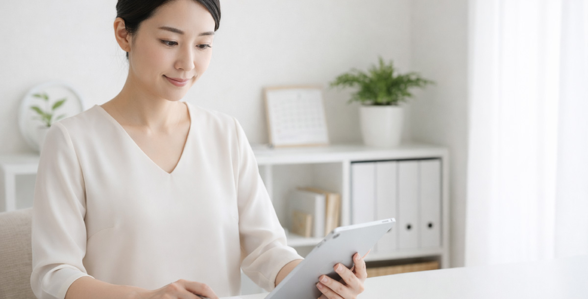 明るい自宅で椅子に座り、テーブルにスマートフォンや資料を広げている。女性はタブレットを手に資料の内容をチェックしている様子。