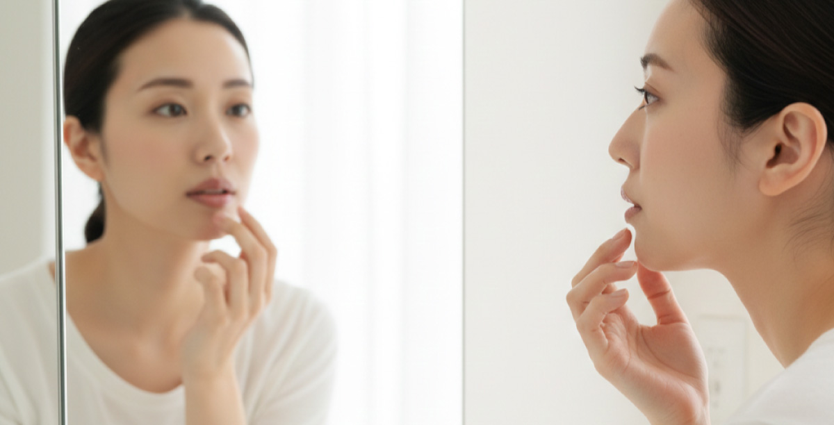 鏡で唇の様子を確認している女性。少し不安げな表情で、リップに触れないように確認している。