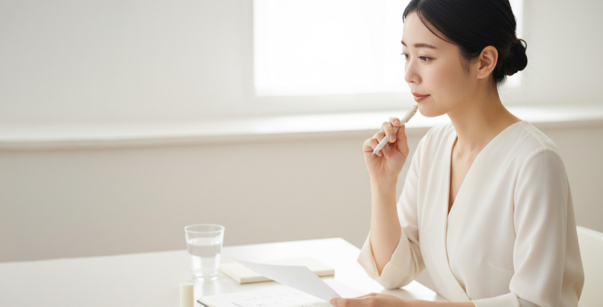 白い服を着て椅子に座りながらペンを片手に考えている女性。反対の手には紙を持ち、テーブルには水の入ったコップやリップ、ノートなどが置かれている。