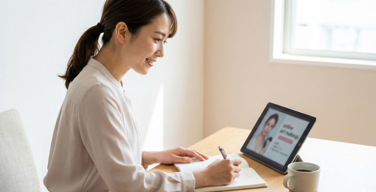 明るい部屋でノートとタブレットをテーブルに広げスクールを調べている女性。