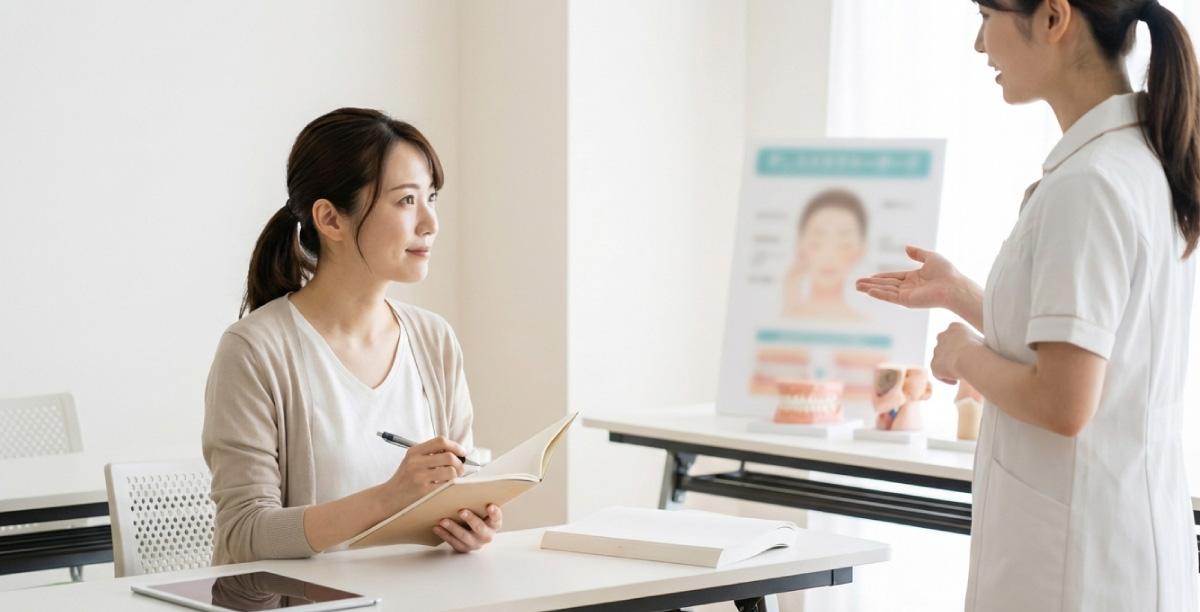 スクールで講師から講義を受けている女性。女性の前のテーブルにはタブレットや冊子が置かれており、女性はノートを手にメモをしている様子。