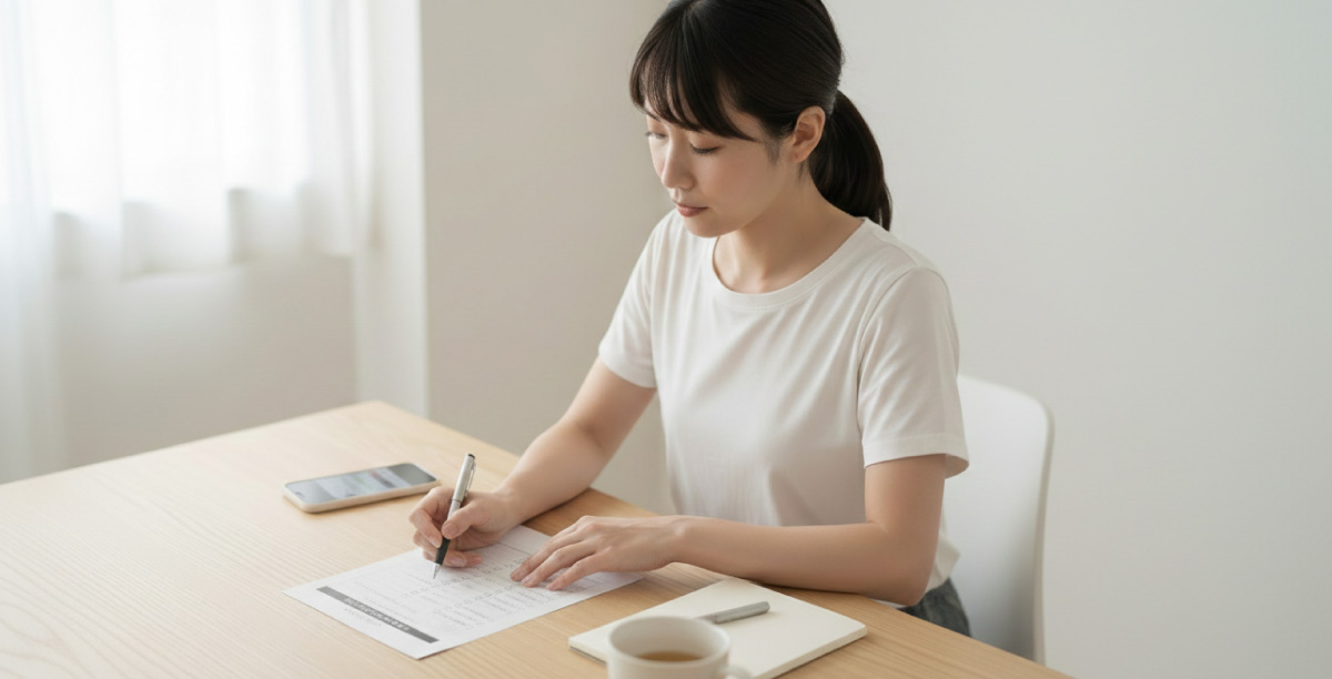 自宅でスクールの検討をするため資料を用いて比較している女性。ノートやスマートフォンなどもテーブルに置かれている。