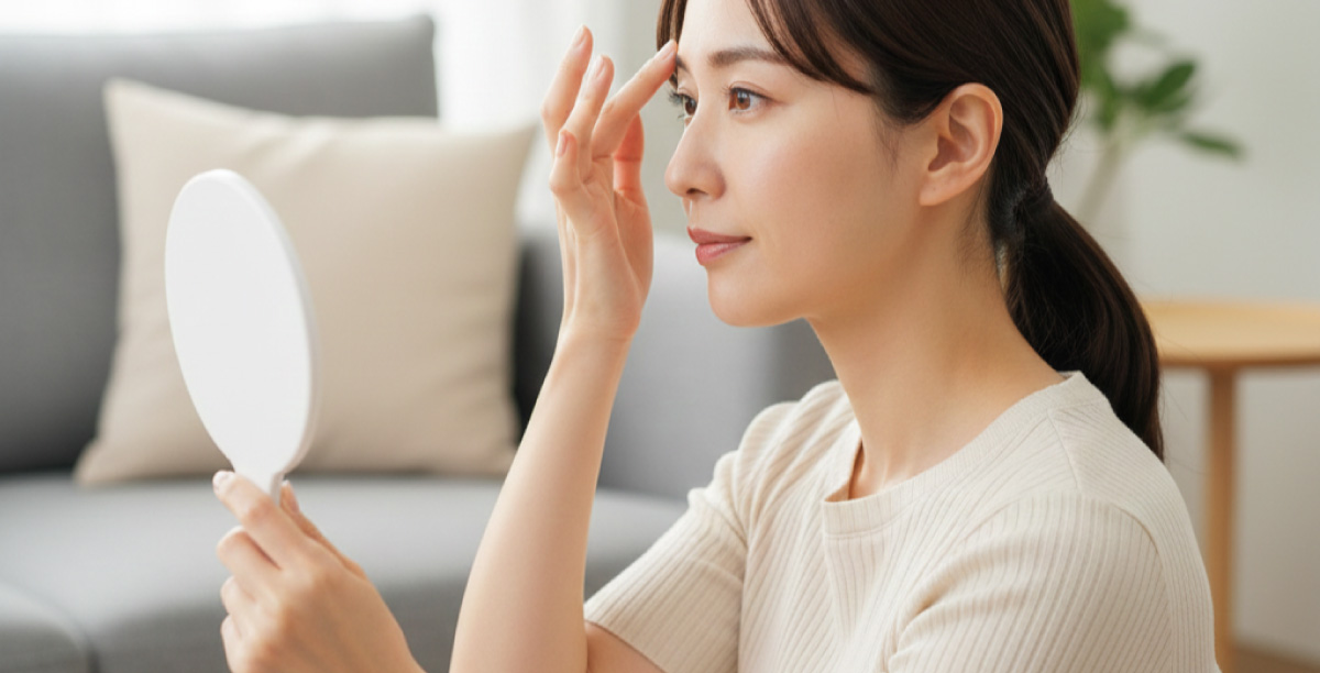 自宅のリビングで手鏡を使い、眉まわりの肌状態を確認する日本人女性