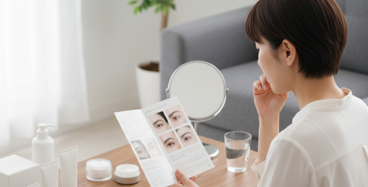 自宅のリビングでクリニックのパンフレットを見ながら、眉の施術内容と注意点を確認する日本人女性