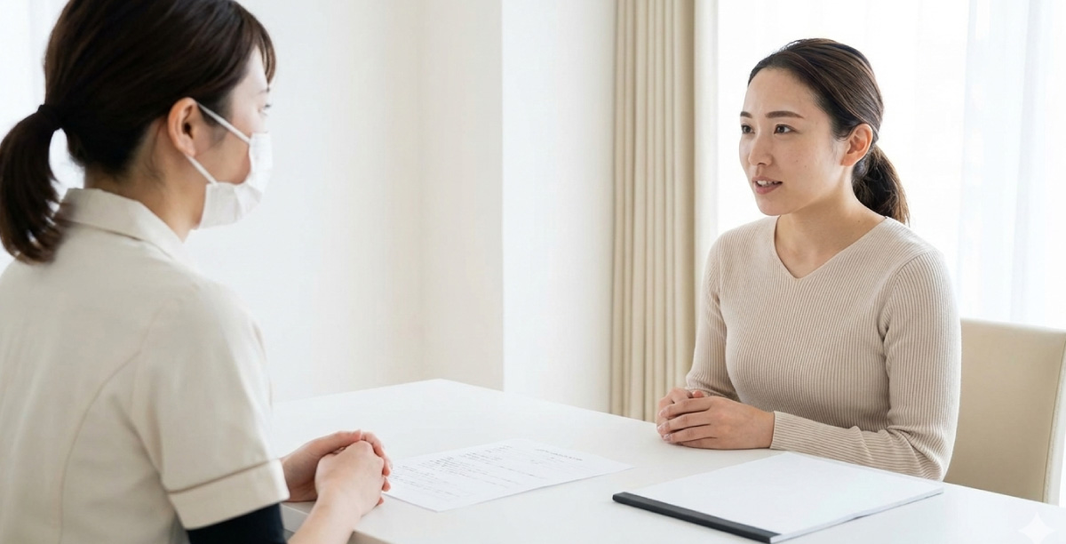 クリニックの一室で施術者と医療アートメイクのカウンセリングを行っている女性。