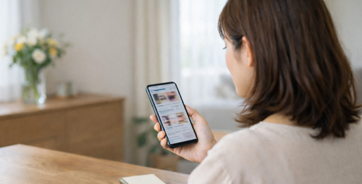 自然光の入る室内で、スマートフォンで眉のアートメイク症例や美容クリニック比較情報を確認する日本人女性の後ろ姿と、チェック用のノートとペンが置かれた机の様子