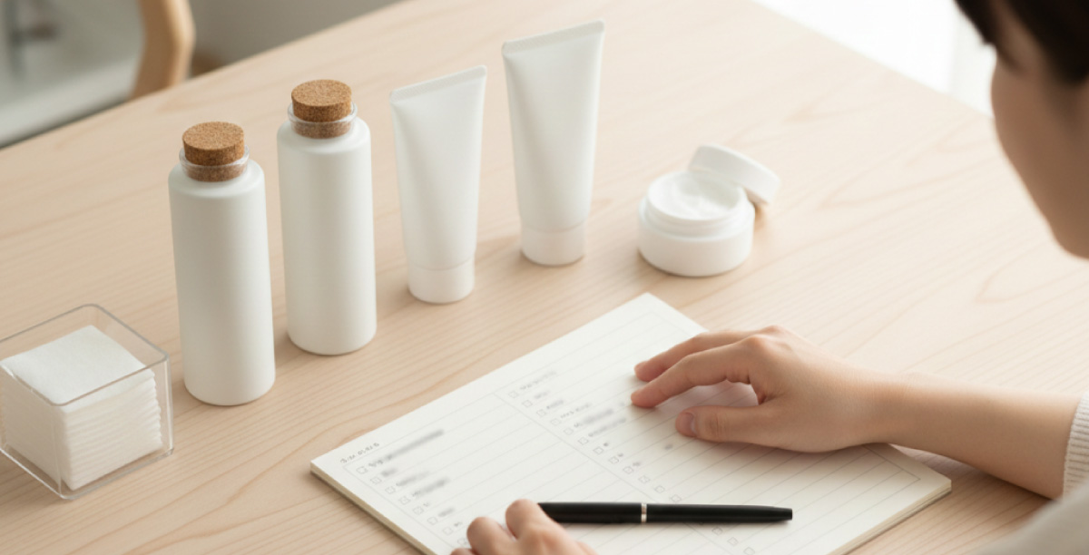 テーブルに並べられたケア用品やメモ帳、ペンを前にして、椅子に座っている女性の後ろ姿。