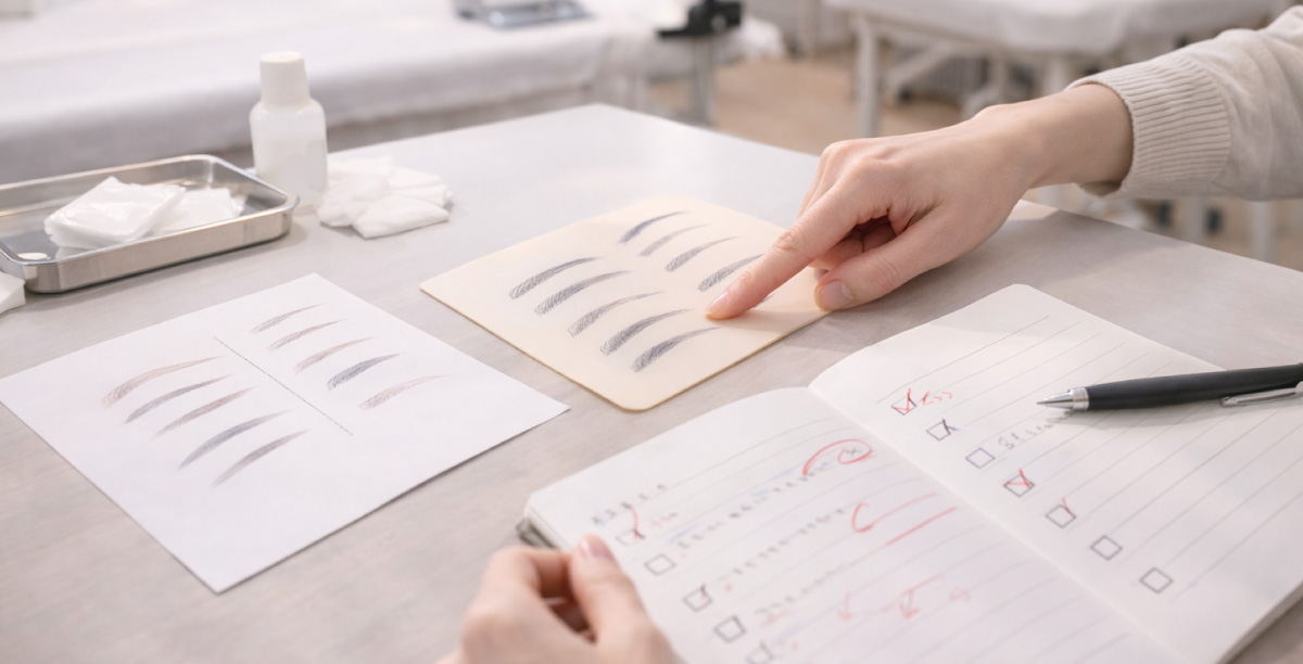 アートメイクスクールの実習で、講師が眉デザインの練習シートを指さしフィードバックする手元