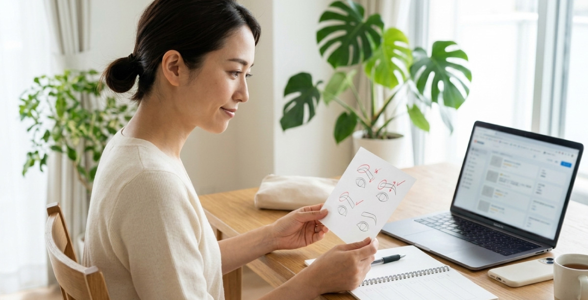 自宅のテーブルにパソコンやノートを広げアートメイクの手技の添削を受けている女性。