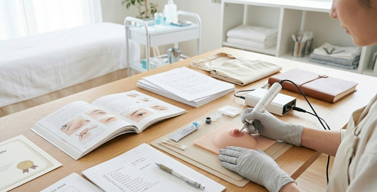 資格学習資料と実技教材が並ぶ机で、乳輪の練習パッドで実技練習をしているパラメディカルアートメイク研修風景