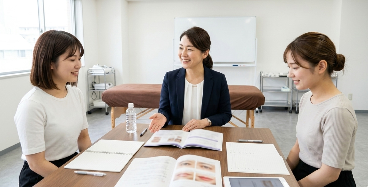 医療アートメイクスクールの教室で、講習の種類や学び方について資料を見ながら相談する受講生と講師