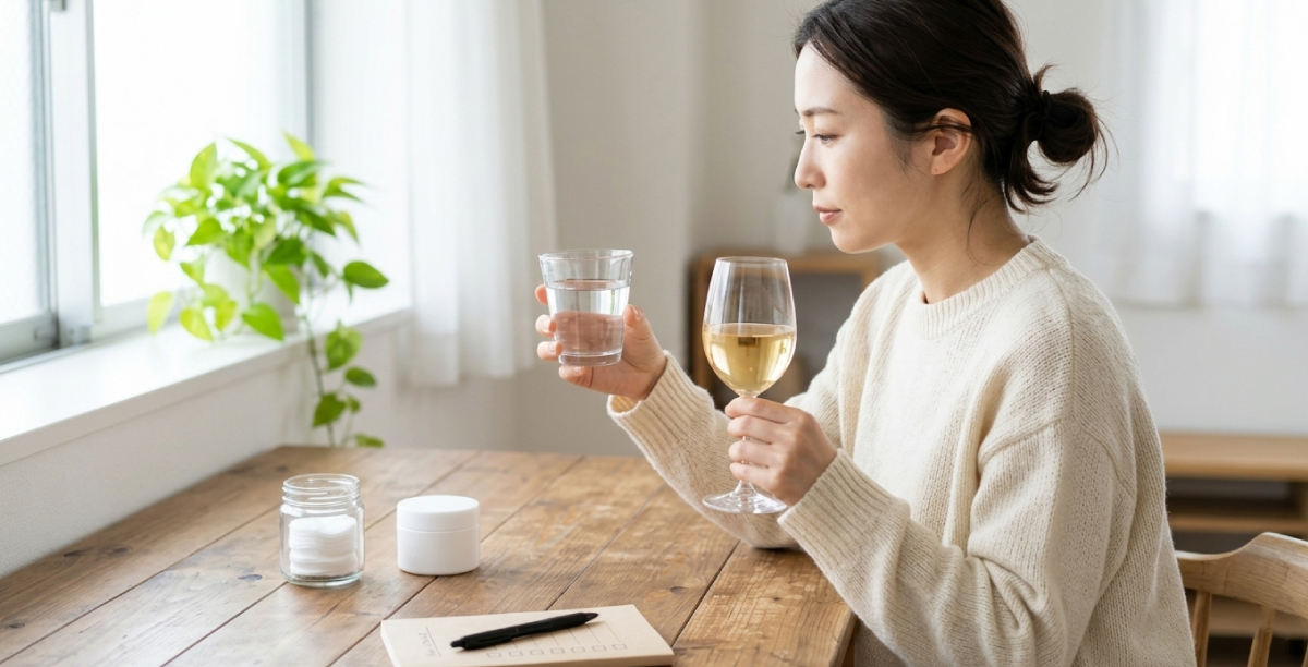 施術後の飲酒を迷いながら、水とアルコールのグラスを見つめる日本人女性の様子