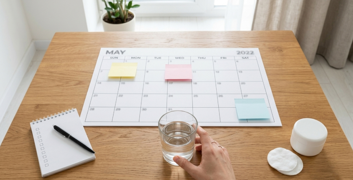 施術後の反応の目安を確認するため、カレンダーとチェックリストで経過を整理する机上の様子