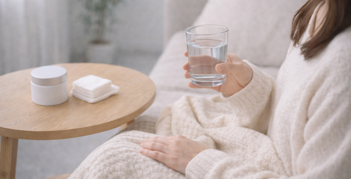 自宅のリビングで水分補給をしながら休息し、施術後のむくみ・赤みを軽くするセルフケアを意識する日本人女性の様子