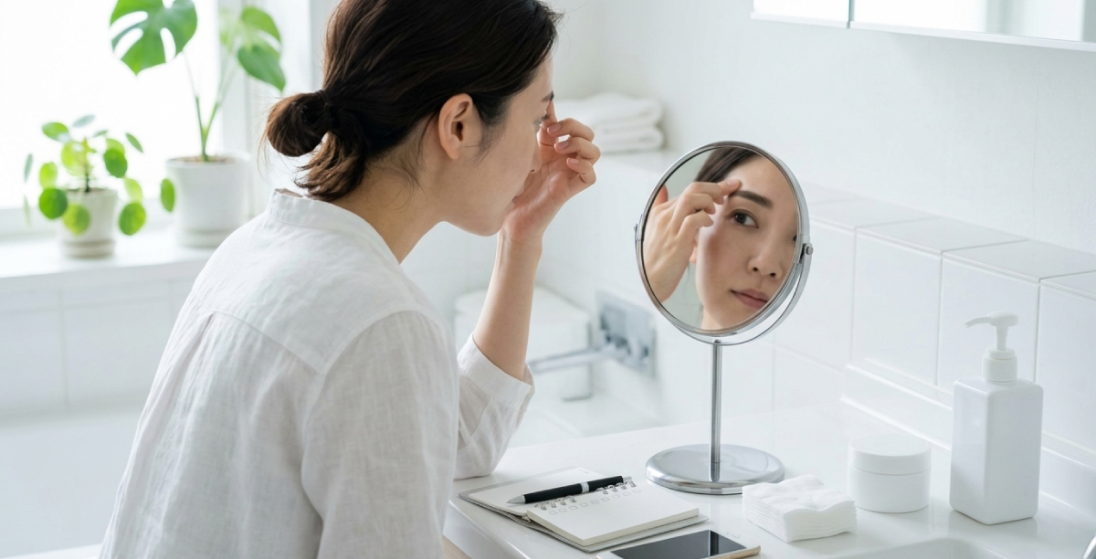 眉まわりを鏡で確認し、必要に応じてクリニックに相談することを意識する様子