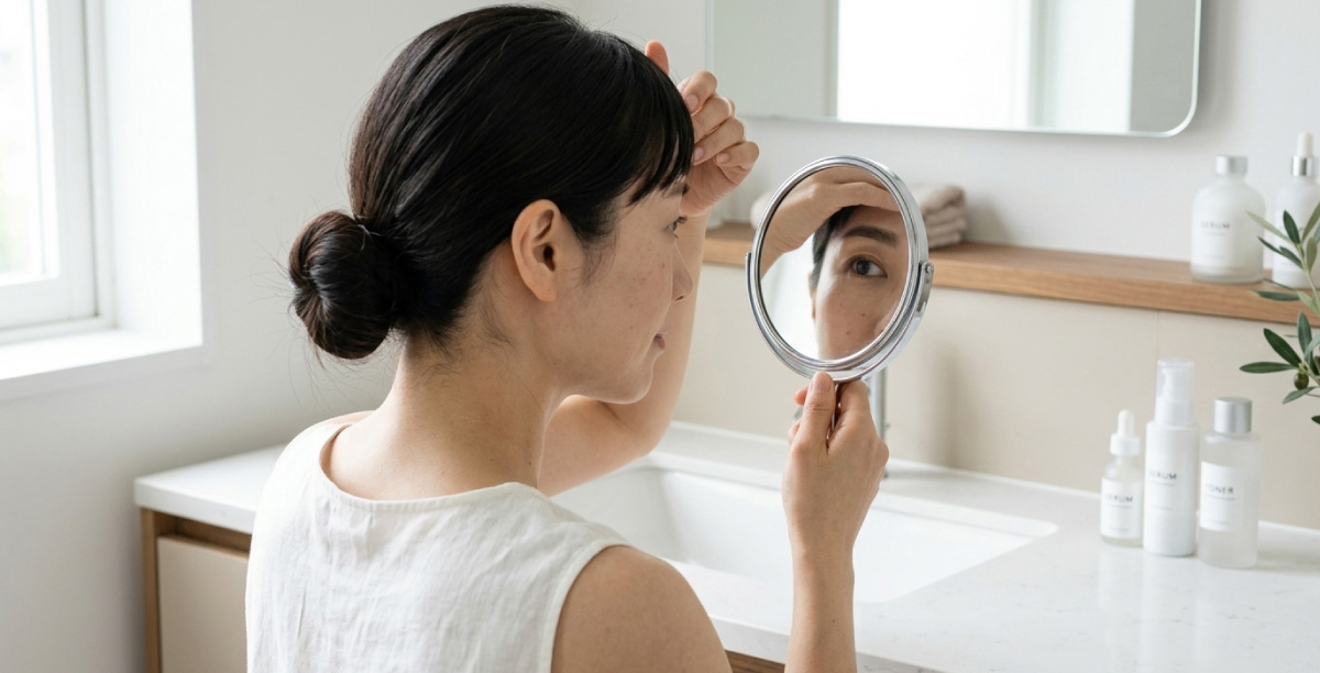 鏡の前で女性が落ち着いた表情で自眉の状態を確認している様子。医療アートメイク後の眉の見え方をイメージした、自然で清潔感のある画像。