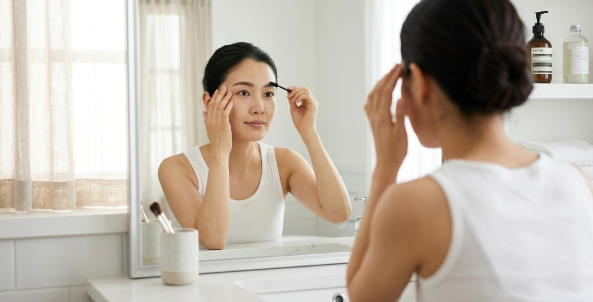 鏡の前で女性がスクリューブラシを使い、顔全体とのバランスを見ながら眉の毛流れをやさしく整えている様子。