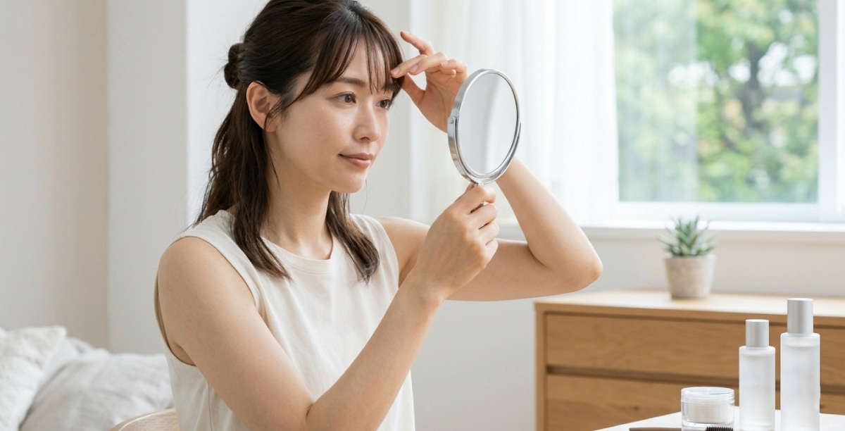 手鏡を使って、女性が落ち着いて眉の状態を確認している準備シーン。自然光が入る明るい室内で、白やベージュを基調とした上品で清潔感のある場面。